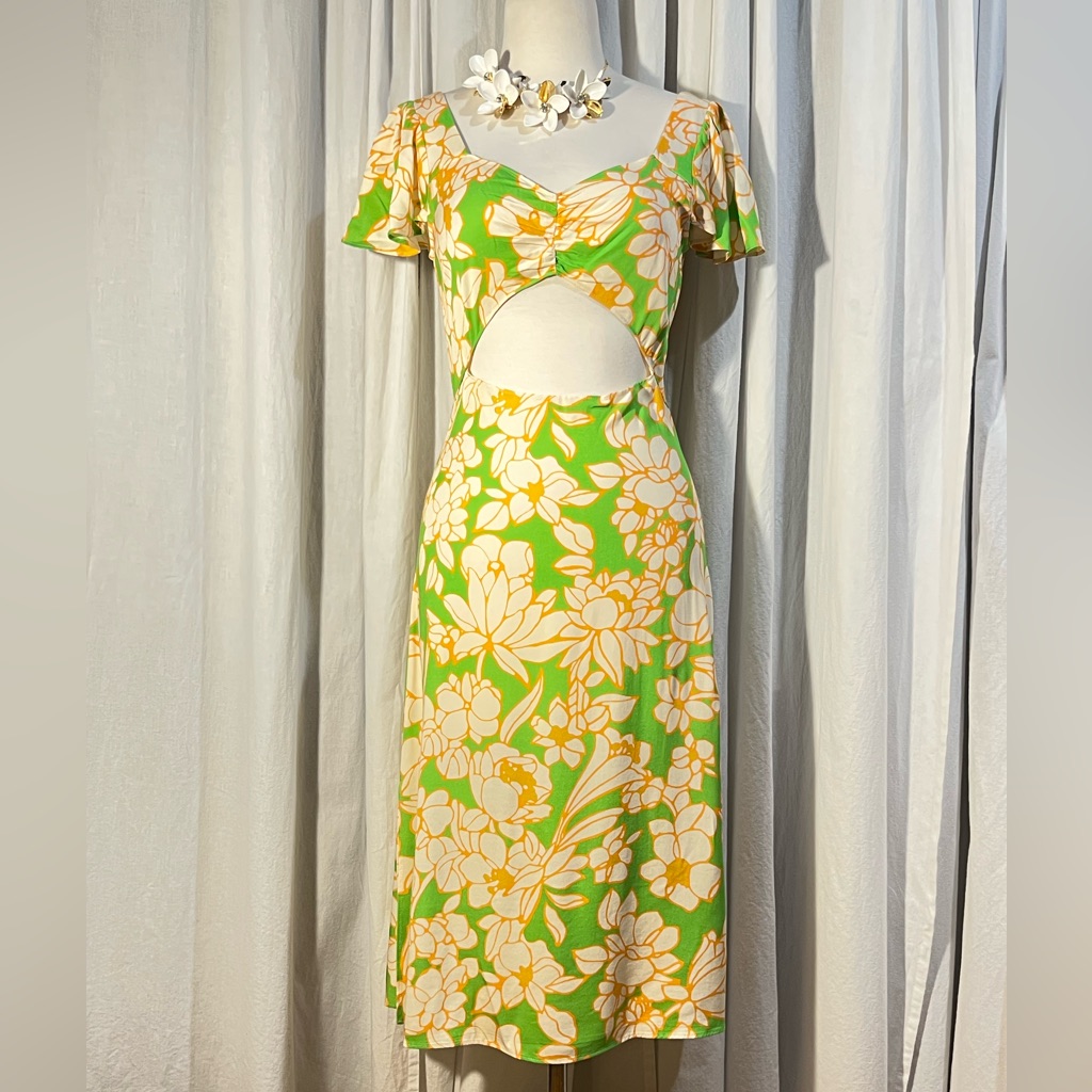 Flora Bea Nyc “Rika” Floral Rayon Twill Keyhole Midriff Flutter Sleeve Dress-Nwt